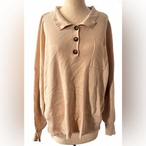 Beige Ribbed Knit Sweater Button Detail Pullover Women’s Size XL